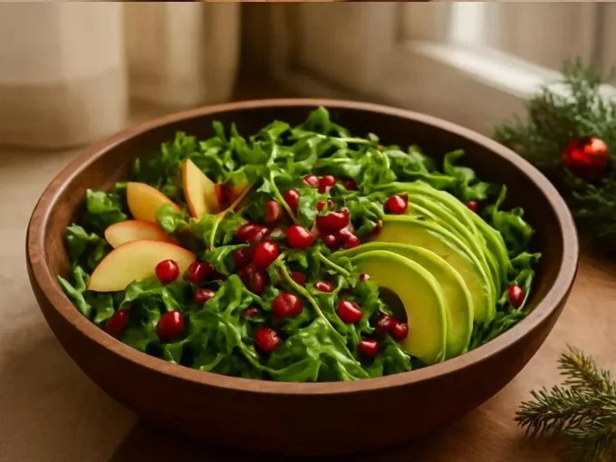 Winter Christmas Salad with Honey Mustard Dressing served in a festive bowl