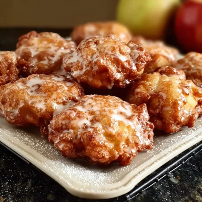 Freshly made apple fritters on a plate, dusted with powdered sugar.