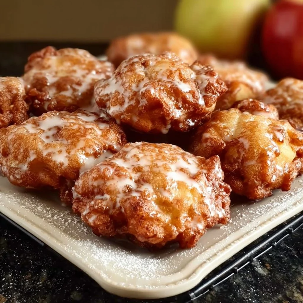 Freshly made apple fritters on a plate, dusted with powdered sugar.