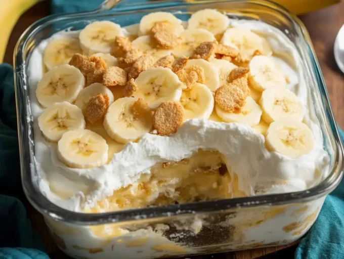 Delicious banana pudding served in a glass bowl with fresh bananas and whipped cream