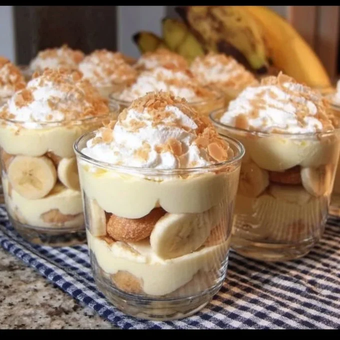 Individual banana pudding cups topped with whipped cream and bananas