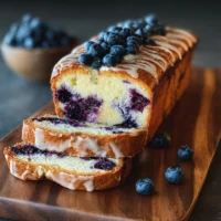 Loaf of homemade blueberry bread with fresh blueberries on a wooden table