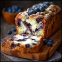 A loaf of blueberry cream cheese bread with fresh blueberries on top