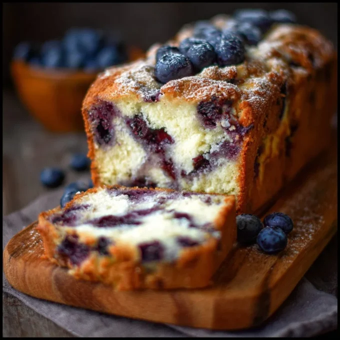 A loaf of blueberry cream cheese bread with fresh blueberries on top