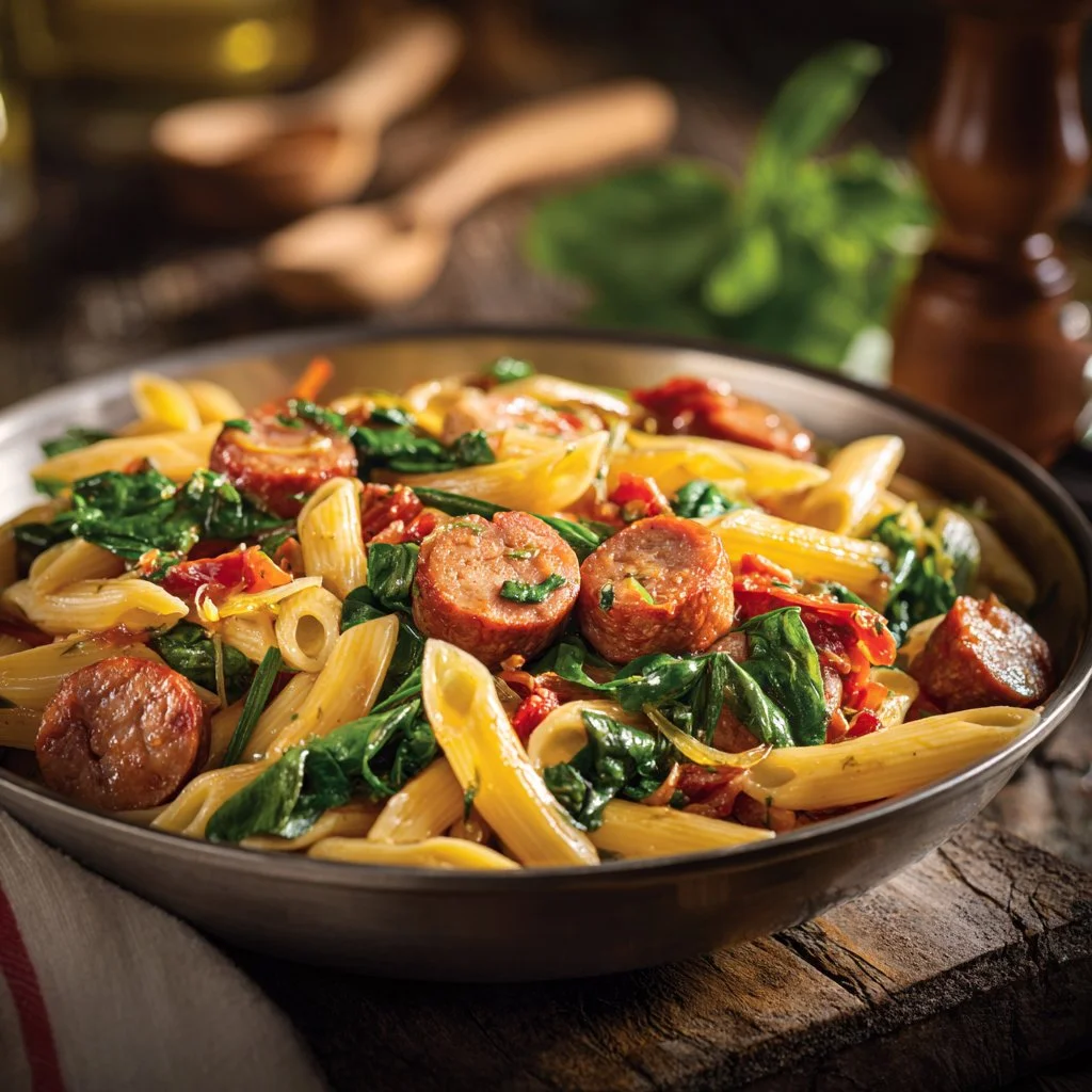 A plate of spicy Cajun Sausage Pasta garnished with herbs.