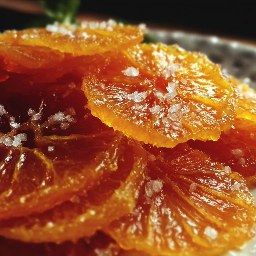 Homemade candied orange slices on a white plate