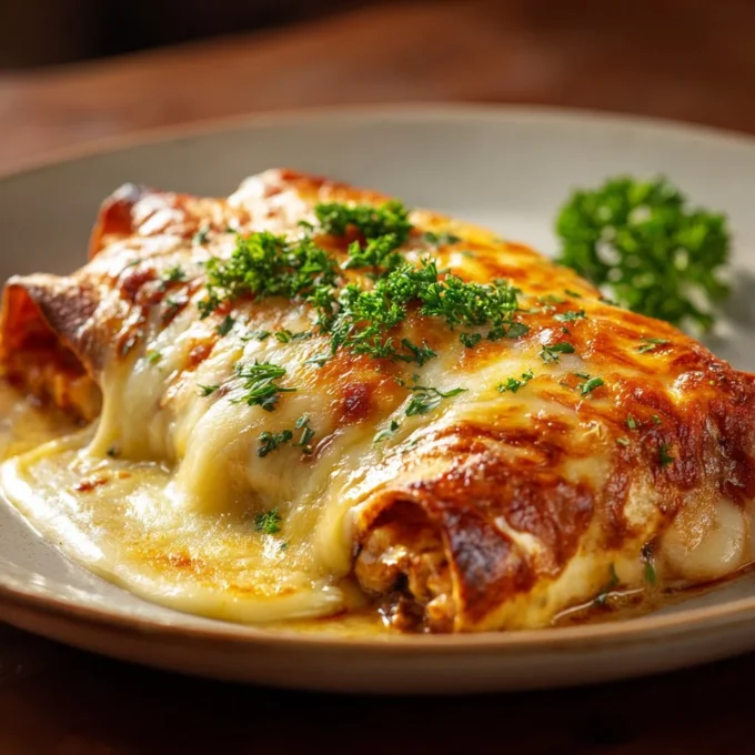 Cheesy garlic chicken wraps on a plate, ready to serve for a tasty meal.