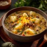 Bowl of cheesy hamburger potato soup garnished with herbs and cheese
