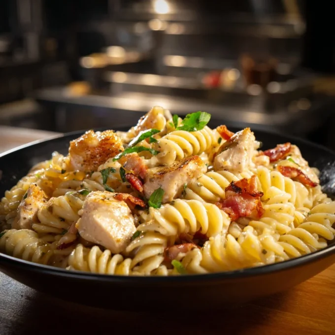 Creamy Chicken Bacon Ranch Pasta with crispy bacon and fresh herbs