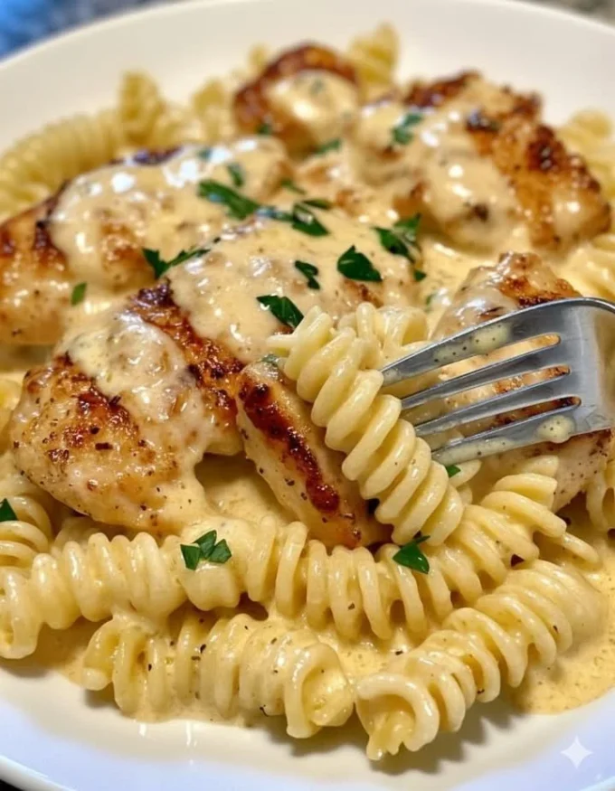 Creamy Garlic Butter Chicken served with Rotini in Parmesan Sauce