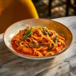 Creamy tomato garlic pasta dish served on a plate with fresh herbs.