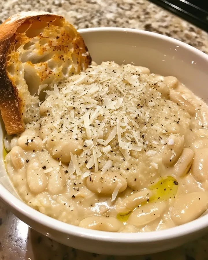 Creamy white beans dish with parmesan and black pepper served in a bowl