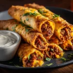 Crispy cheesy beef taquitos served with salsa and avocado on a plate