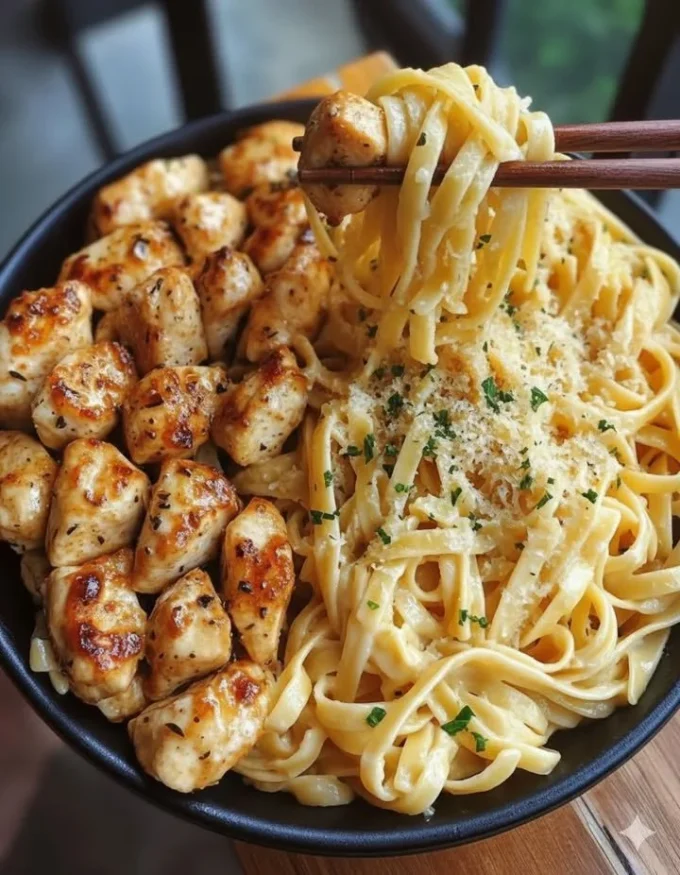 Garlic Butter Chicken Bites served with creamy Parmesan Fettuccine.