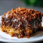 Delicious German Chocolate Dump Cake topped with coconut and nuts.