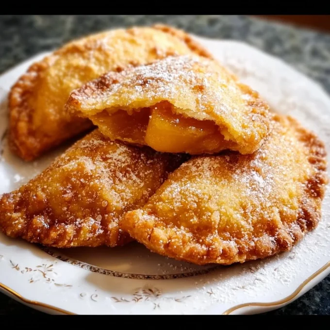 Golden fried peach pies with a crispy crust and juicy peach filling