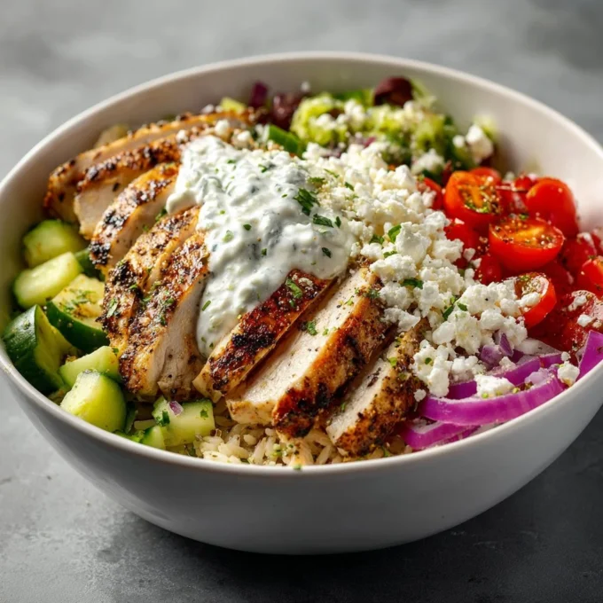 Delicious Greek chicken bowls with fresh vegetables and herbs