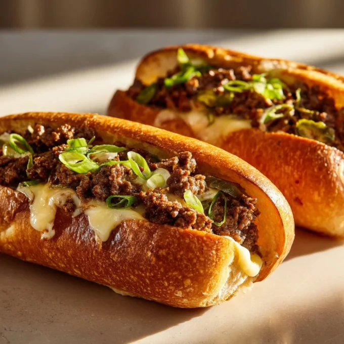 Delicious Ground Beef Philly Cheesesteaks served on a roll with cheese and toppings