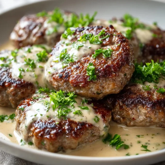 Juicy hamburger steaks served on a plate with sides.