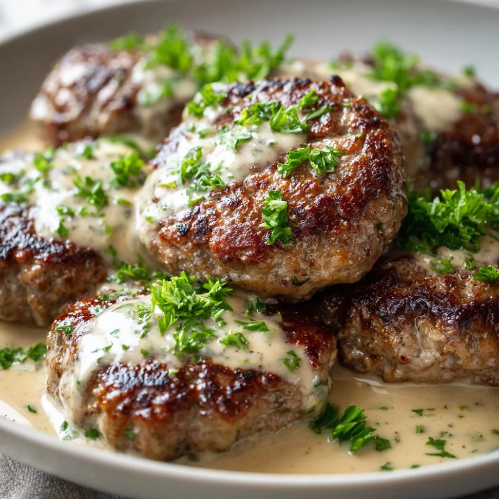 Juicy hamburger steaks served on a plate with sides.
