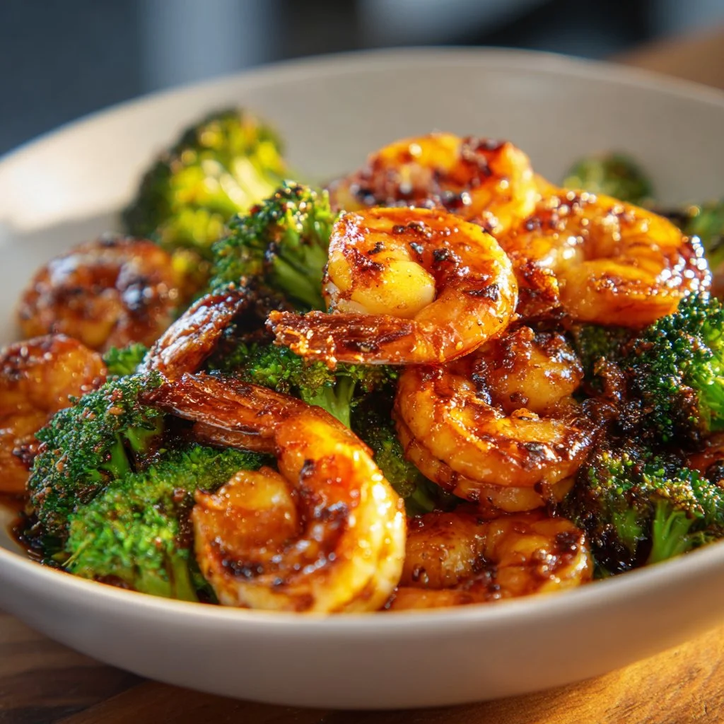 High-protein honey garlic shrimp dish served with vegetables and rice