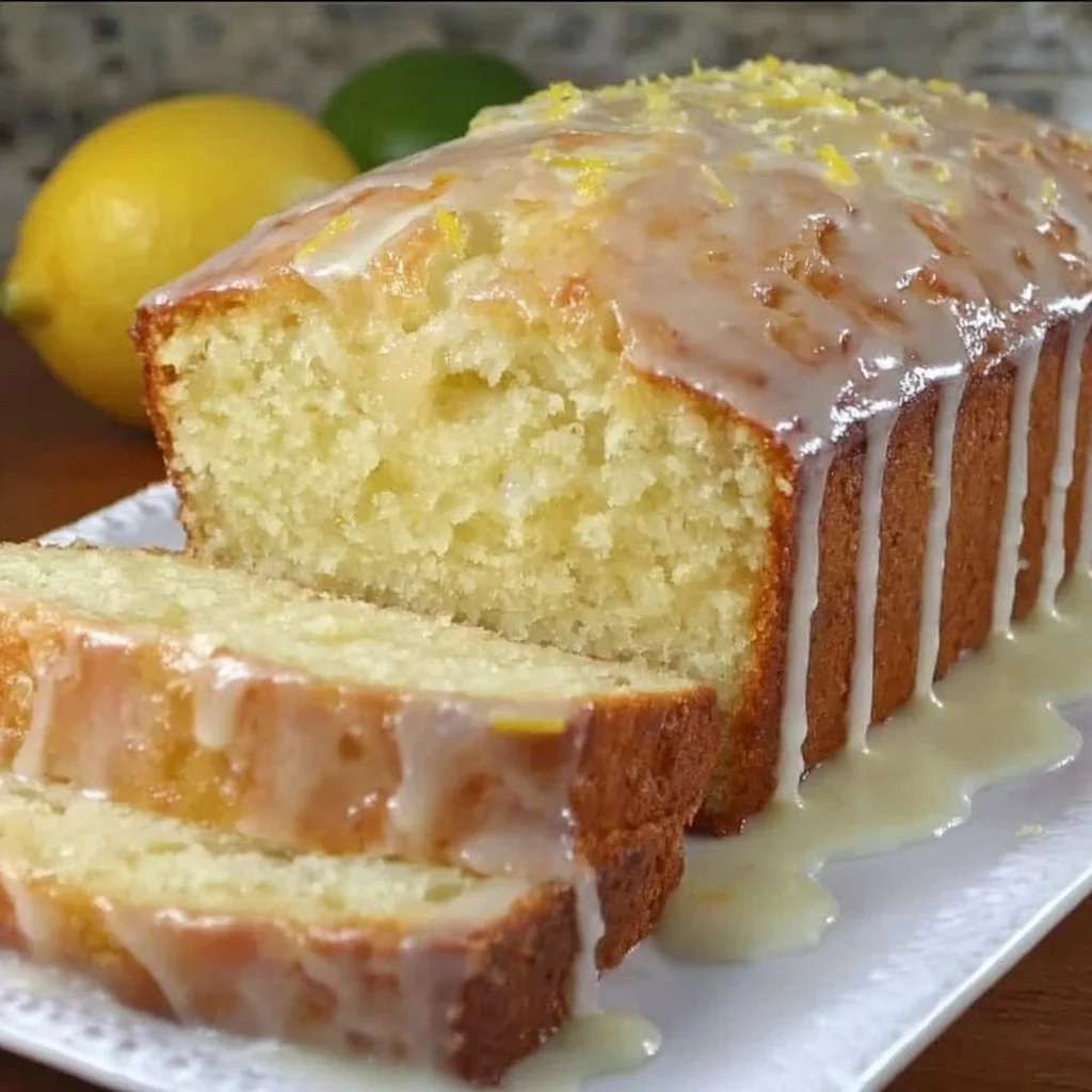Freshly baked lemon loaf with a golden crust and garnished with lemon slices.