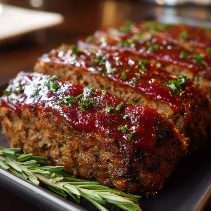 Homemade meatloaf served with mashed potatoes and green beans.