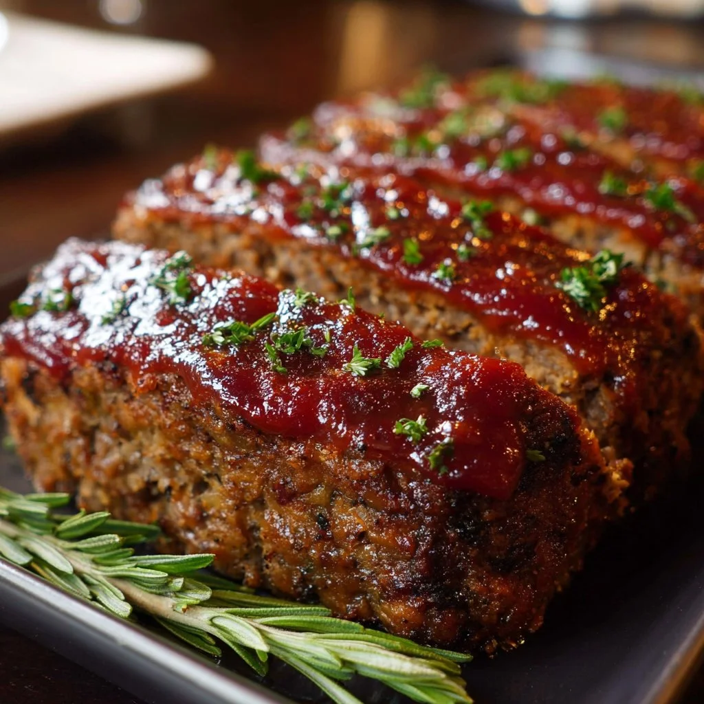 Homemade meatloaf served with mashed potatoes and green beans.