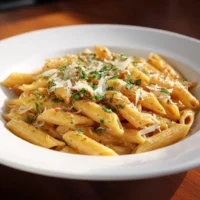 One Pot Creamy Garlic Pasta dish served in a bowl with garlic bread
