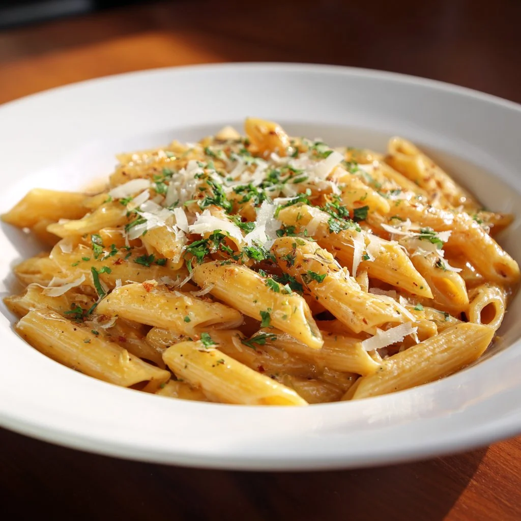 One Pot Creamy Garlic Pasta dish served in a bowl with garlic bread
