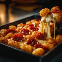 Delicious Pizza Tot Casserole topped with cheese and pepperoni, served in a baking dish.