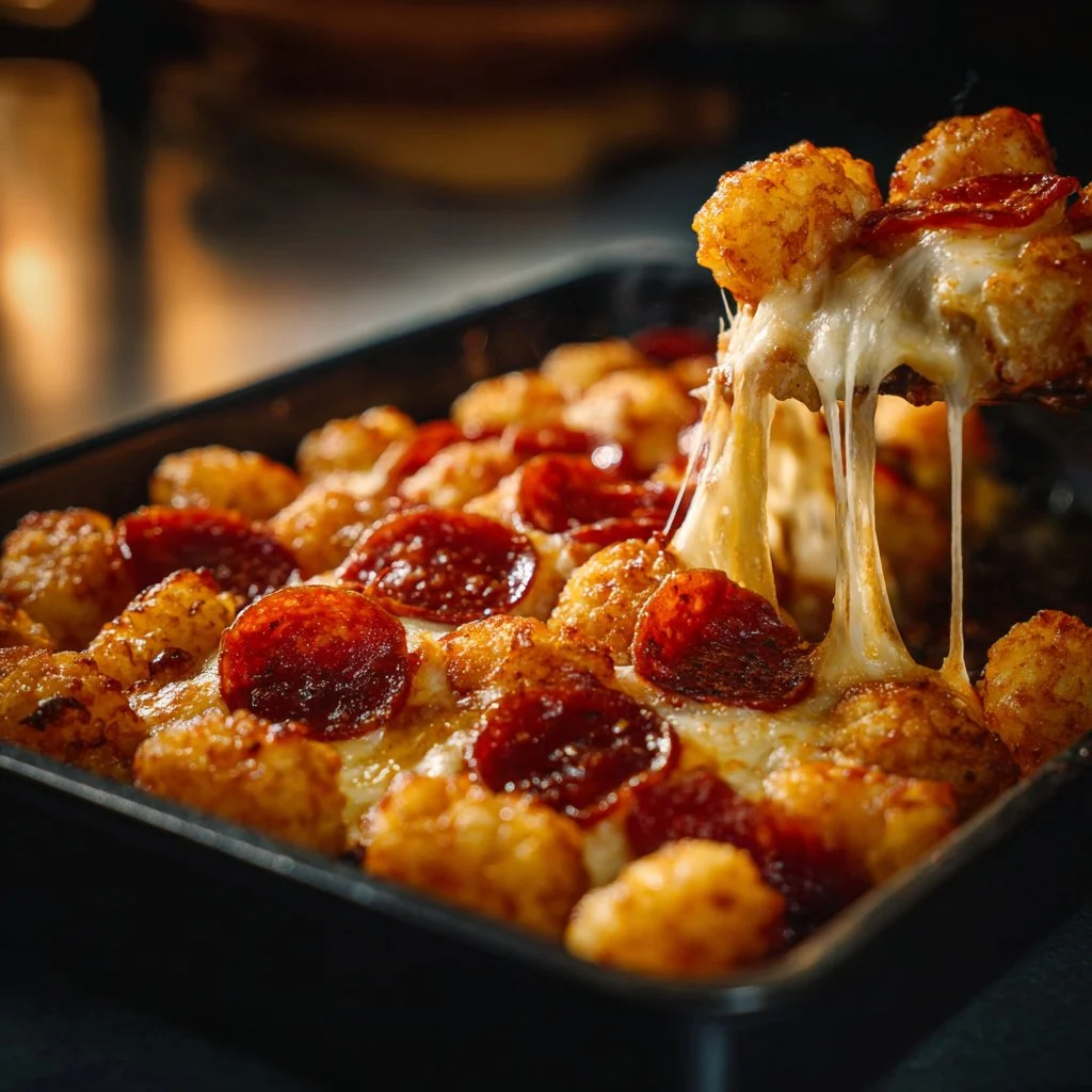 Delicious Pizza Tot Casserole topped with cheese and pepperoni, served in a baking dish.