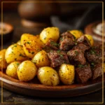 Slow cooker garlic butter steak bites with potatoes served on a plate.