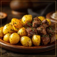 Slow cooker garlic butter steak bites with potatoes served on a plate.