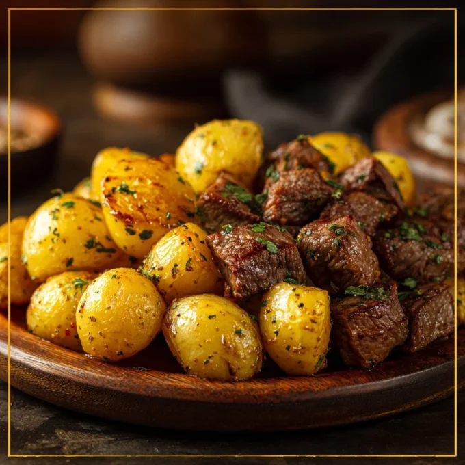 Slow cooker garlic butter steak bites with potatoes served on a plate.