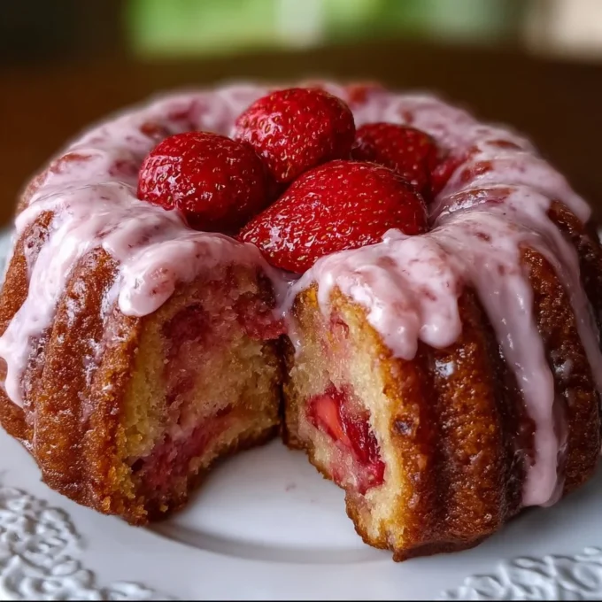 Strawberry Honeybun Cake with Creamy Strawberry Icing on a white plate