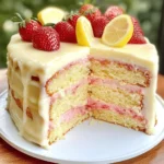 Strawberry Lemonade Buttermilk Cake topped with fresh strawberries and lemon slices.