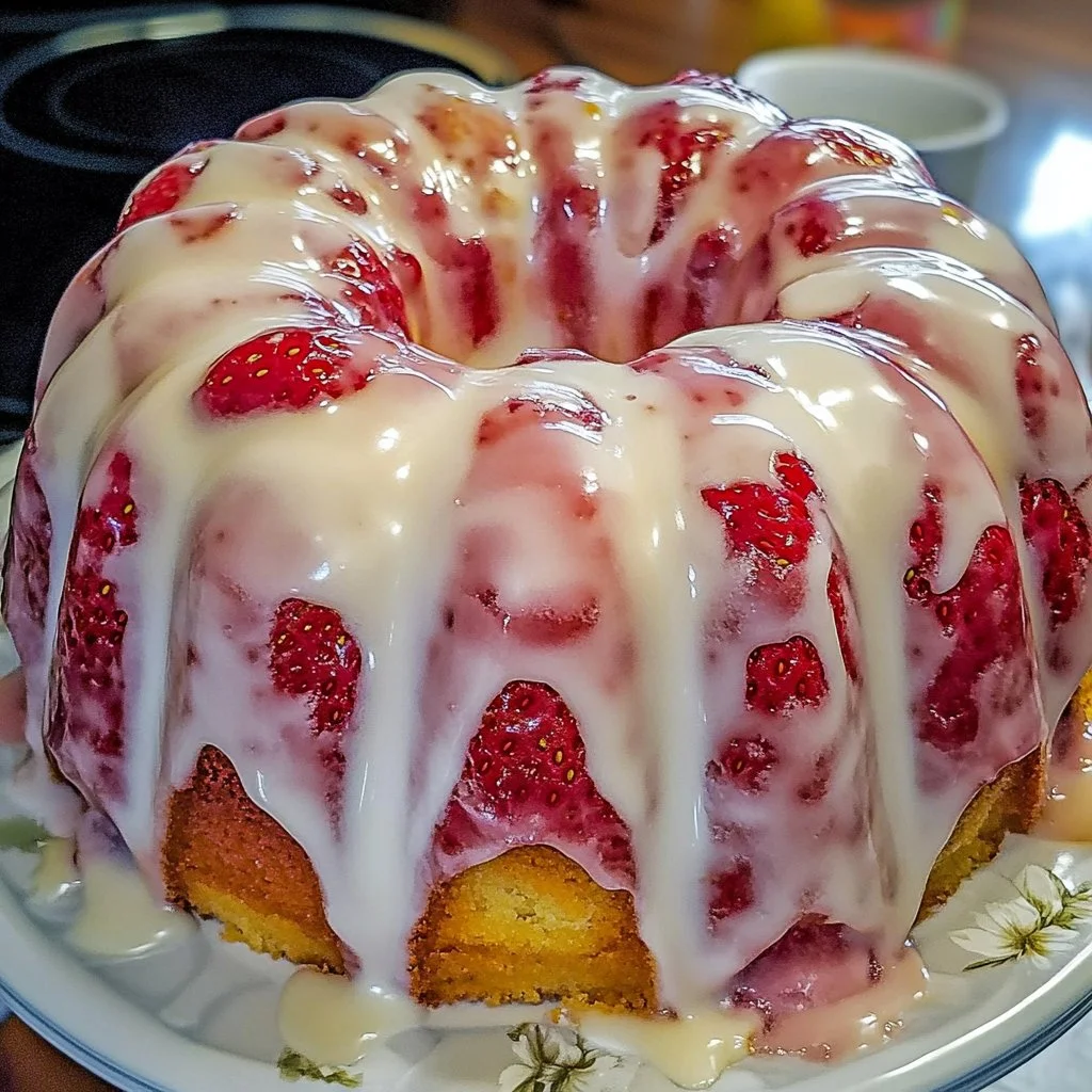 Homemade Strawberry Pound Cake with fresh strawberries on top.