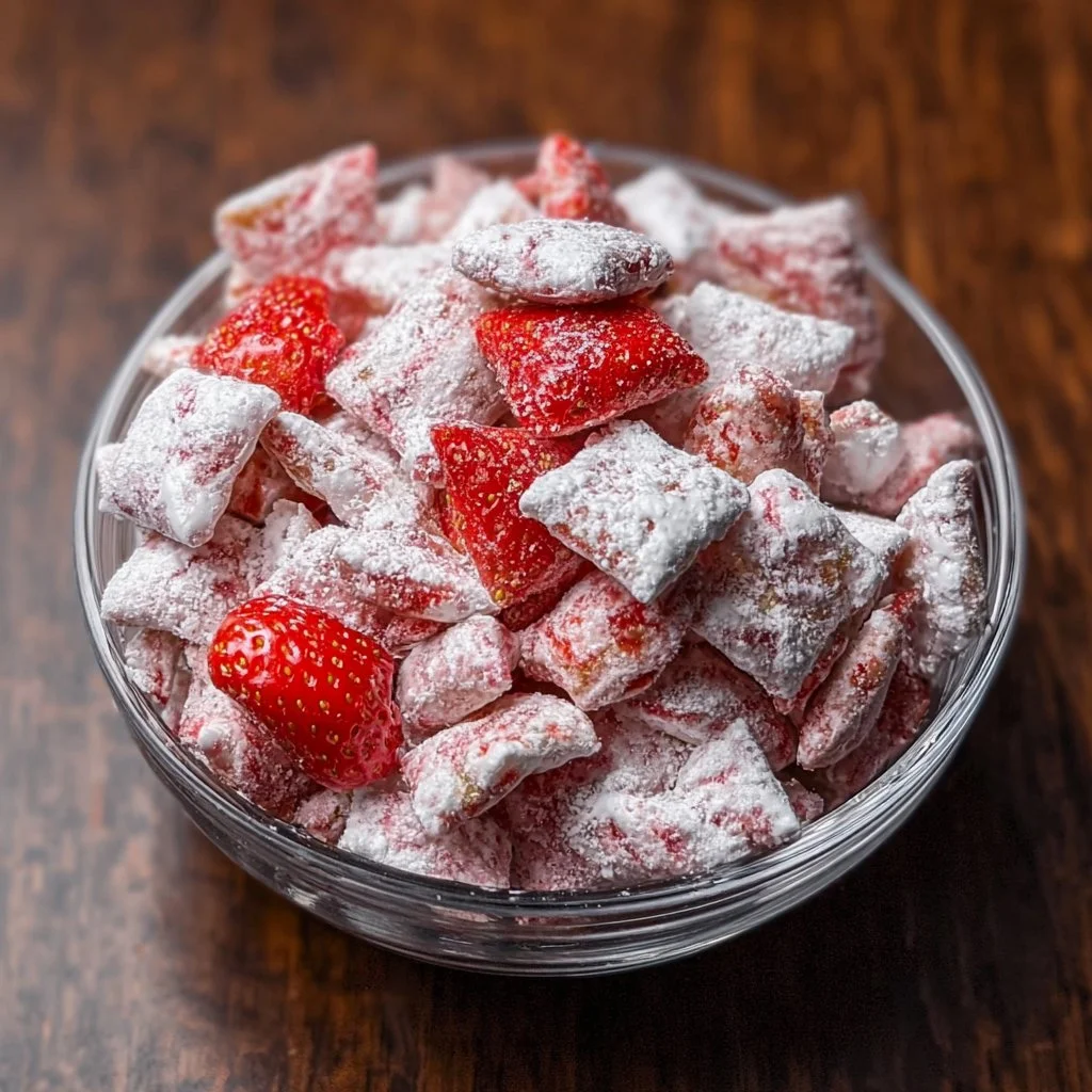 Strawberry Shortcake Puppy Chow dessert in a colorful bowl