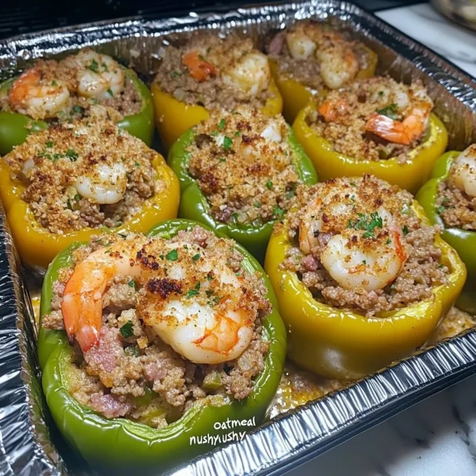 Delicious stuffed bell peppers filled with rice, ground meat, and spices