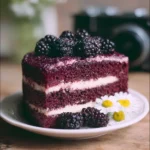 A slice of dreamy Blackberry Velvet Cake topped with fresh blackberries and cream.