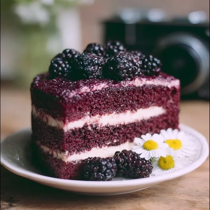 A slice of dreamy Blackberry Velvet Cake topped with fresh blackberries and cream.