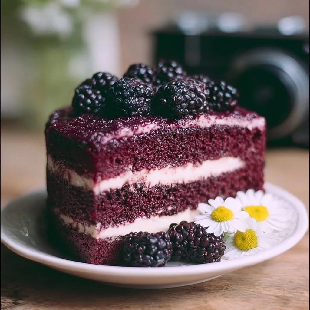 A slice of dreamy Blackberry Velvet Cake topped with fresh blackberries and cream.