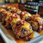 Bacon cheeseburger bombs served on a plate, garnished with fresh herbs.