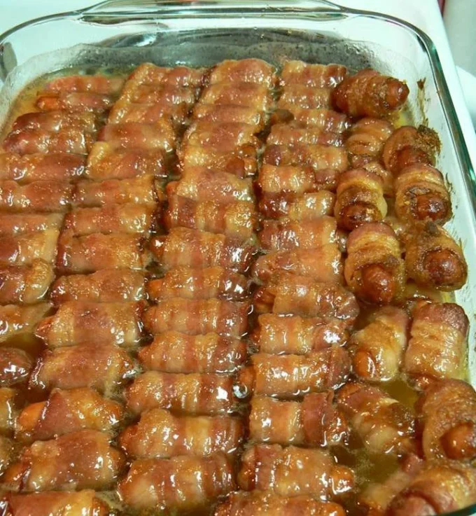 Plate of delicious Bacon-Wrapped Smokies served as a tasty appetizer.