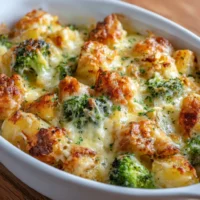 A delicious baked casserole with layers of cheese, vegetables, and meat.