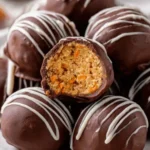 Delicious carrot cake truffles topped with cream cheese frosting and nuts