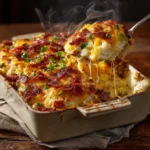 Delicious Cheddar Potato Casserole topped with melted cheese and golden crust.