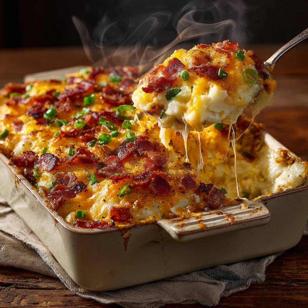 Delicious Cheddar Potato Casserole topped with melted cheese and golden crust.