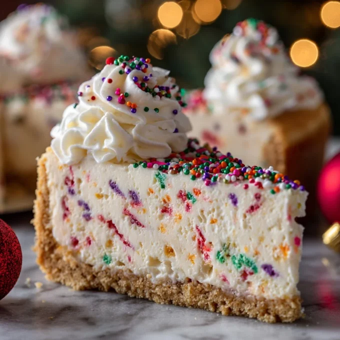 Delicious cheesecake slice topped with berries and whipped cream